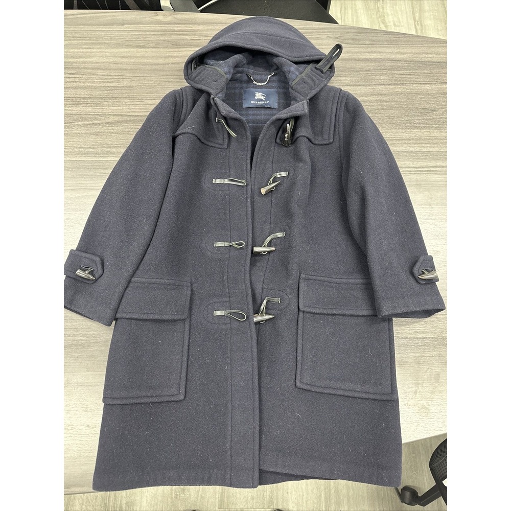 BURBERRY WOMENS WOOL COAT JACKET SIZE 8  NAVY BLUE LONG PEA COAT LONDON HOOD A46